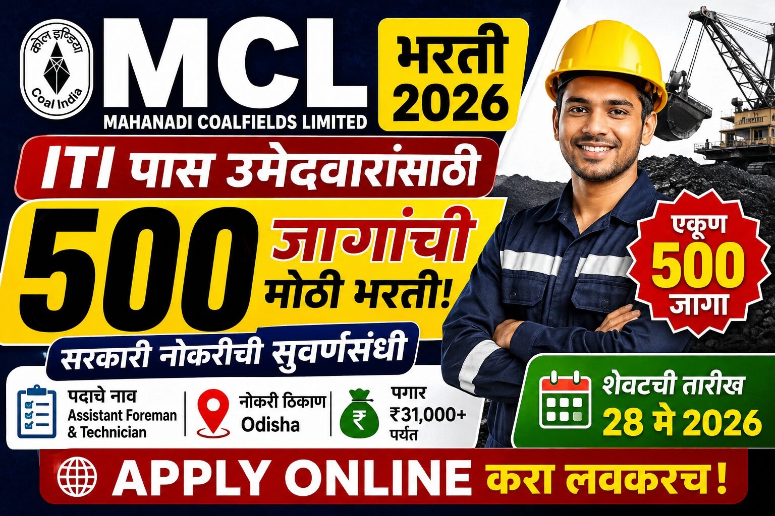 MCL Bharti 2026: ITI पास उमेदवारांसाठी 500 जागांची मोठी सरकारी भरती | Apply Online